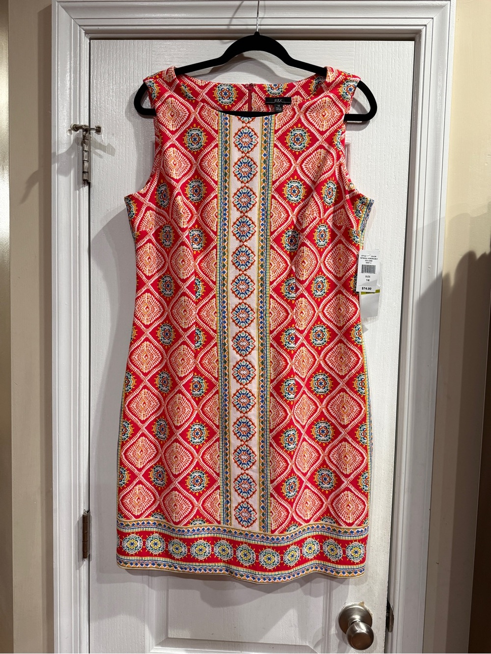R&K Sleeveless Coral Red Geometric Border Shift Dress